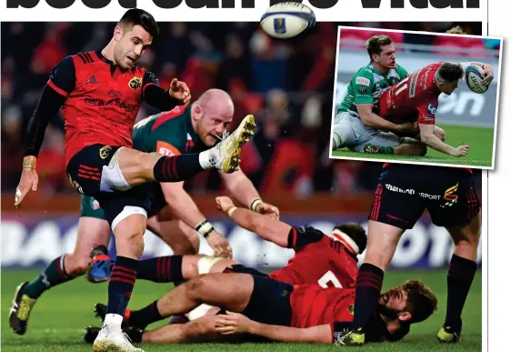  ?? SPORTSFILE/HUW EVANS ?? Kickstarte­r: Conor Murray launches a Munster attack and (inset) Steff Evans scores a try for Scarlets