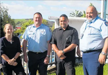  ??  ?? GOOD LUCK: Police recruits Joelle Nattrass (Pukenui) and Franscis Roberts (Tokerau Beach) with District Commander Superinten­dent Russell Le Prou and Far North Area Commander Inspector Riki Whiu before leaving for the Royal NZ Police College.