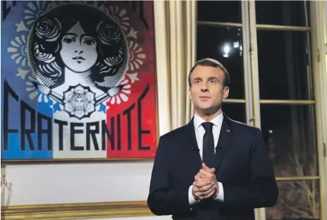  ?? Photos EPA ?? French leader Emmanuel Macron’s New Year’s speech tried to strike a positive note after weeks of often violent street protests by the so-called yellow-vest movement, left
