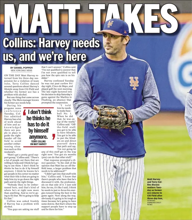  ?? HOWARD SIMMONS DAILY NEWS ?? Matt Harvey and Terry Collins discuss matters Tuesday as former ace returns to Citi Field after three-day ban,