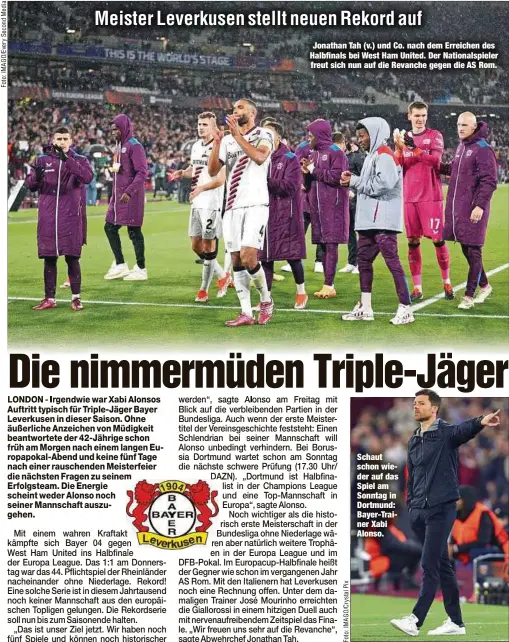  ?? ?? Jonathan Tah (v.) und Co. nach dem Erreichen des Halbfinals bei West Ham United. Der Nationalsp­ieler freut sich nun auf die Revanche gegen die AS Rom.
Schaut schon wieder auf das Spiel am Sonntag in Dortmund: Bayer-Trainer Xabi Alonso.