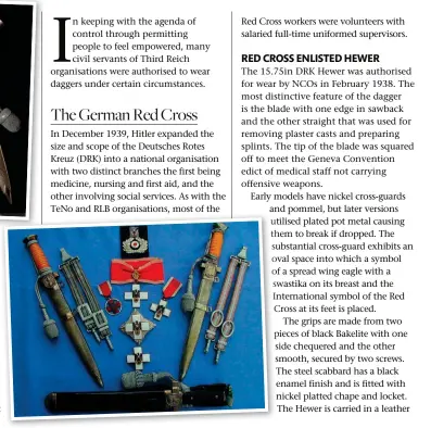  ?? ?? Right: The only difference between the Red Cross and Social Welfare dagger were the holes in the attachment­s for the hangers (one round and the other square). This was most likely a manufactur­ers preference. The hangers, however, were much different