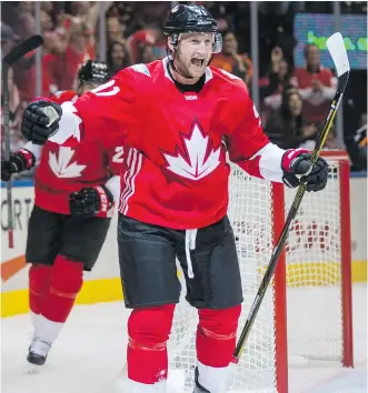  ?? ERNEST DOROSZUK ?? Team Canada’s Steven Stamkos celebrates his goal against Team Europe that put Canada up 2-0 in the first period of Game 1 of the World Cup of Hockey final in Toronto on Tuesday night.