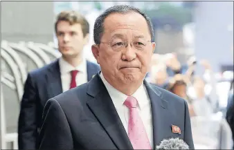  ?? [RICHARD DREW/THE ASSOCIATED PRESS] ?? North Korean Foreign Minister Ri Yong Ho delivered his pronouncem­ent that the U.S. has declared war on his country during remarks to reporters Monday outside the U.N. Plaza Hotel in New York.