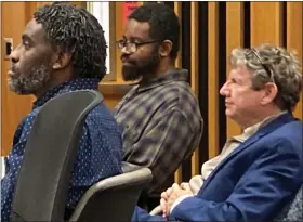  ?? MEDIANEWS GROUP FILE ?? Henry Johnson, left, and his brother, Tony Johnson, and Tony Johnson’s attorney, Randy Rodnick, appear in Macomb County Circuit Court for the Johnsons’ trial in the stabbing deaths of Tina and Kristine “Krissy” Johnson over nine years ago in their Clinton Township apartment.