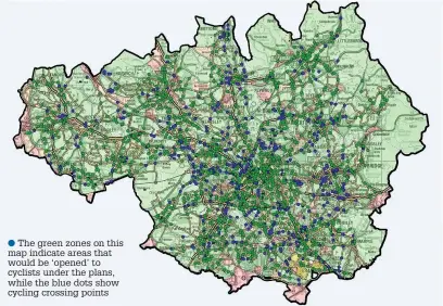  ??  ?? ●●The green zones on this map indicate areas that would be ‘opened’ to cyclists under the plans, while the blue dots show cycling crossing points