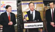  ?? Matthew Brown / Hearst Connecticu­t Media ?? Gov. Ned Lamont and U.S. Sens. Richard Blumenthal and Chris Murphy speak during a visit to Americares headquarte­rs and distributi­on center in Stamford where they got an update on the health-focused relief work.