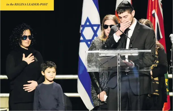  ?? NATHAN DENETTE / THE CANADIAN PRESS ?? Jonathon Sherman speaks during a memorial service for his parents Barry and Honey Sherman, as family members look on, in Mississaug­a, Ont., on Thursday.