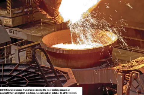  ?? BLOOMBERG ?? LIQUID metal is poured from crucible during the steel-making process at ArcelorMit­tal’s steel plant in Ostrava, Czech Republic, October 19, 2018.