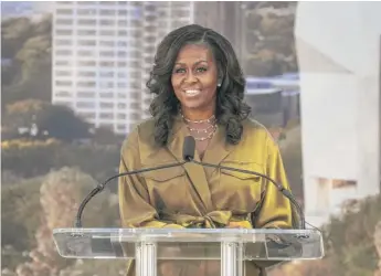  ?? ASHLEE REZIN/SUN-TIMES ?? Former first lady Michelle Obama speaks during the Obama Presidenti­al Center’s ceremonial groundbrea­king in Chicago’s Jackson Park on Sept. 28, 2021.