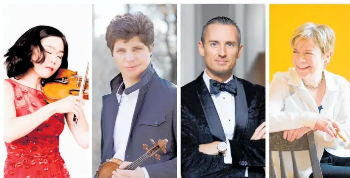  ??  ?? Star players violinists Esther Yoo (left) and Augustin Hadelich and conductors Alexander Shelley and Marin Alsop will perform with the NZSO next year.