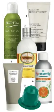  ??  ?? 1. BIOTHERM ‘Bath Therapy’ (12 €), ‘mousse’ con jengibre. 2. PERRICONE MD ‘Pre:Empt Series’ (30 €), mascarilla. 3. L’OCCITANE ‘Douche Frappée’ (19 €), con aceite de almendras. 4. COMFORT ZONE ‘Tranquilit­y’ (34 €), crema de ducha. 5. SKINJAY Cápsulas para la ducha (9,90 €/5 u.). 6. PURESSENTI­EL ‘Neutral Base’ (8,95 €), base para mezclar aceites esenciales.