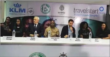  ??  ?? L-R: Ngozi Onwumere; Akuoma Omeoga; Michel Colleau, General Manager KLM Nigeria & Ghana; Chief Solomon Ogba, President of the Bobsled & Skeleton Federation of Nigeria; Philip Akesson, Country Manager of Travelstar­t Nigeria; Seun Adigun, Team Captain...