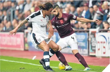  ??  ?? Hearts’ Igor Rossi fights to retain the ball against Dundee’s Yordi Teijsse.