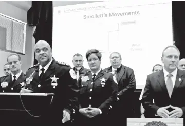  ??  ?? Police Superinten­dent Johnson speaks about the Smollett case at a news conference at Chicago Police headquarte­rs in Chicago, Illinois, on Thursday. (Inset) Smollett appears in a booking photo provided by the Chicago Police Department. —Reuters photos