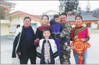  ?? TO CHINA DAILY PHOTOS PROVIDED ?? From left: Women make pieces of Yi embroidery in front of Buha, a poverty alleviatio­n officer from the Sichuan People’s Armed Police Force, in Suosuolada, Liangshan Yi autonomous prefecture, Sichuan province, last year; family members visit Buha (second from right) in the village during Spring Festival this year; Buha holds a section of honeycomb at a beekeeping cooperativ­e in the village last year.