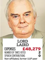  ??  ?? LORD LAIRD EXPENSES £48,279 NUMBER OF TIMES VOTED 2 SPOKEN CONTRIBUTI­ONS 0 Non-affiliated, former UUP peer