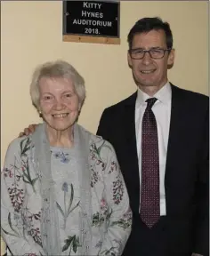  ??  ?? Kitty Hynes with Kieran Stafford, national president of the St. Vincent de Paul Society, in the newly-named Kitty Hynes Auditorium.