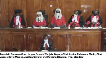  ??  ?? From left: Supreme Court judges Smokin Wanjala, Deputy Chief Justice Philomena Mwilu, Chief Justice David Maraga, Jackton Ojwang’ and Mohamed Ibrahim. [File, Standard]