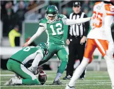  ??  ?? Roughrider­s kicker Brett Lauther, No. 12, hit 90 per cent of his field-goal attempts during the CFL’S 2018 regular season.