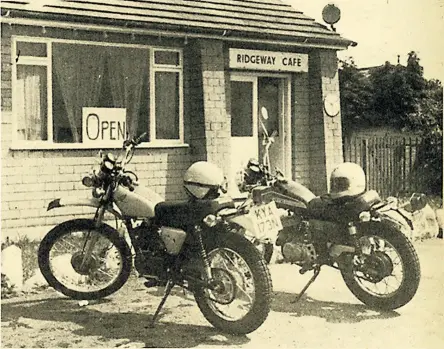  ?? ?? At the start of a trail bike ride by the writer and Bruce Preston over 40 miles of the threatened Great Ridge Way on a glorious summer’s day in 1975, the machines they used – a 250cc Suzuki and Honda Elsinore – are seen outside the Ridgeway Cafe, on the A4 between Marlboroug­h and Beckhampto­n, where hearty breakfasts for just 64p each were enjoyed inside.