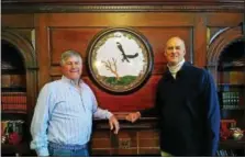  ?? SUBMITTED PHOTO ?? Raven’s Claw owner Bob Davis (left) and head golf profession­al Jim Bromley stand in front of the Raven’s Claw logo after announceme­nt that LPGA’s Symetra Tour event, Valley Forge Invitation­al, will be competed at the course in May.