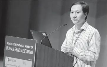  ?? Alex Hofford EPA/Shuttersto­ck ?? HE JIANKUI talks about geneticall­y editing human embryos at a conference in Hong Kong last month.