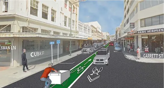  ?? IMAGES: WELLINGTON CITY COUNCIL ?? A proposed new contra-flow bike lane on Wellington’s Cuba St would allow people to ride both ways along part of the one-way street.