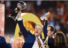  ?? (TNS) ?? In this February 7, 2016, picture, former Denver Broncos quarterbac­k and current general manager John Elway celebrates as he holds the Vince Lombardi trophy after a 24-10 win over the Carolina Panthers in Super Bowl 50 at Levi’s s Stadium in Santa Clara, California, United States.