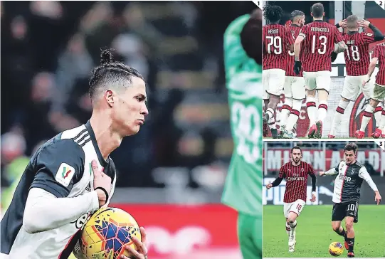  ??  ?? (1) Ronaldo celebró con autoridad el empate que le da vida a la Vieja Señora en la ida de la Copa Italia. (2) Rebic fue acompañado por sus compañeros en el momento de júbilo tras anotar el 1-0 en el minuto 61. (3) Dybala realizó una excelente labor en el medio campo bianconero.