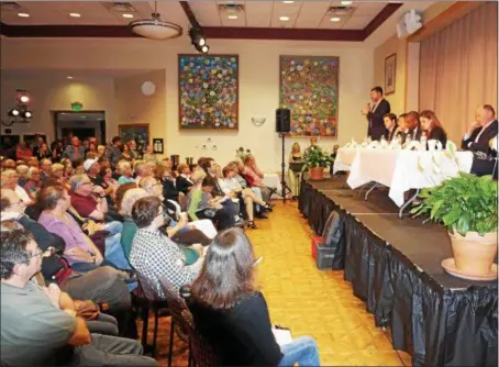  ?? WILLIAM J. KEMBLE PHOTO ?? Pat Ryan addresses an audience of about 350people Tuesday, June 5, 2018, at Congregati­on Emanuel, Kingston, N.Y., at a Democratic candidates forum for the 19th Congressio­nal District seat.