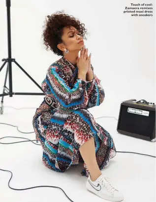  ??  ?? Touch of cool: Zamaera remixes printed maxi dress with sneakers