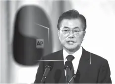  ?? ASSOCIATED PRESS ?? South Korean President Moon Jae-in speaks during a press conference marking his first 100 days in office at the presidenti­al house in Seoul.