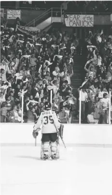  ?? FILES ?? Goaltender (King) Richard Brodeur of the Vancouver Canucks looks toward the crowd of white towel-waving fans during the fourth and final game of the Stanley Cup final at the Pacific Coliseum on May 16, 1982.