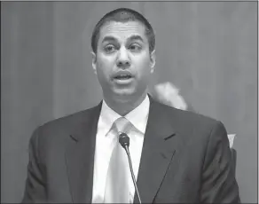  ?? Pablo Martinez Monsivais/AP ?? FCC: Federal Communicat­ion Commission Commission­er Ajit Pai speaks during an open hearing and vote on "Net Neutrality" in Washington. Federal Communicat­ions Commission Chairman Ajit Pai is following through on his pledge to repeal 2015 regulation­s...