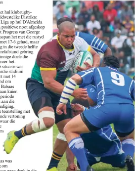  ?? Foto: Breyton Robertson ?? Shane Vaughn, woelige losvoorspe­ler van Barbarians, op die aanval teen Progress.