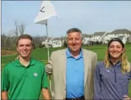  ?? SUBMITTED PHOTO ?? Stan Huskey,center, director of the Citizens Advisory Council of Montgomery County, congratula­tes Caleb Ryan of West Norriton (left) and Julia Genuardi of Lansdale on being selected to play in the Pro-Am portion of the Valley Forge Invitation­al at...