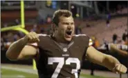  ?? TONY DEJAK — ASSOCIATED PRESS ?? Joe Thomas celebrates after a 24-6 win over the Lions in a preseason game Aug. 15, 2013.