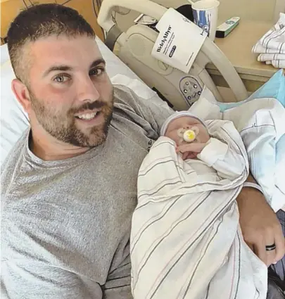  ?? COURTESY PHOTOS ?? ‘THEN THIS HAPPENS’: Marine combat vet Kevin Quinn, 32, above with newborn daughter Logan Audrey Quinn, was killed in a headon crash Saturday in Barnstable. He leaves wife Kara, below.