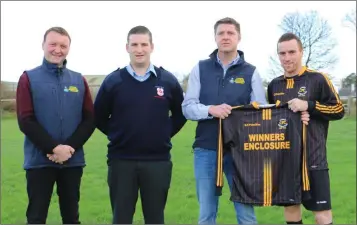  ??  ?? Winners Enclosure’s Tom Darcy, Carnew AFC’s Mark Nolan, Tony Deegan, owner of Winners Enclosure Bookmakers, and Carnew AFC A captain PJ O’Keeffe at the presentati­on of new jerseys, sponsored by Winners Enclosure, to the ‘A’ team ahead of their clash...