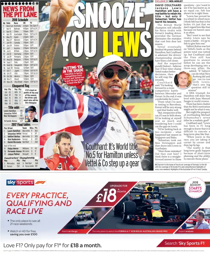  ??  ?? PUTTING ’EM IN THE SHADE Hamilton is facing competitio­n from has Ferrari, but Vettel down to put his foot to beat the Brit