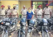  ??  ?? Accused and the recovered motorbikes in police custody in SBS Nagar on Saturday. HT PHOTO