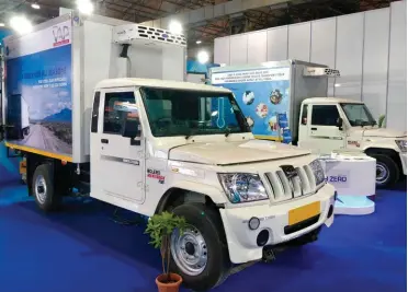  ??  ?? Two reefer trucks on Mahindra Bolero chassis by Subzero Insulation at India Cold Chain show aimed at last mile delivery.