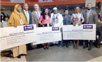  ??  ?? L-R: Rashidat Elesho, 2nd runner up; Sithembiso Dlalisa, sales account manager ENP BASF West Africa; Jean-marc Ricca, country cluster head, BASF West Africa; Ukeme Daniel, 1st runner up; Ahmed Yakasai, president, Pharmaceut­ical Society of Nigeria; Mojisola Adeyeye, director- general NAFDAC; Mfonobong Nelson, winner; Kwadwo Owusu-sarfo, regional head of sales and business developmen­t, BASF West Africa at Young Pharmacist in Nigeria award in Lagos recently.