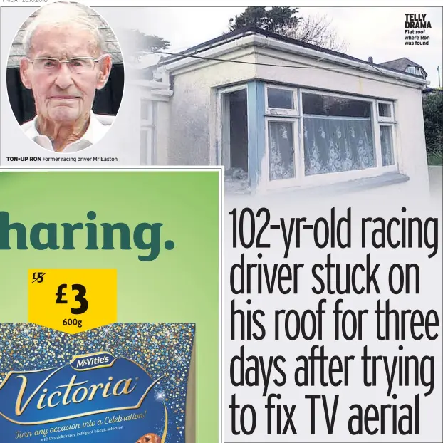  ??  ?? TON-UP RON TELLY DRAMA Flat roof where Ron was found