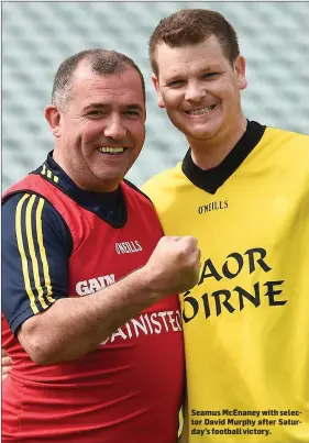  ??  ?? Seamus McEnaney with selector David Murphy after Saturday’s football victory.