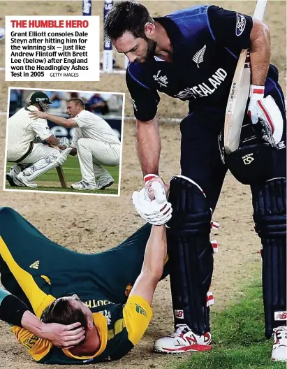  ??  ?? Grant Elliott consoles Dale Steyn after hitting him for the winning six — just like Andrew Flintoff with Brett Lee (below) after England won the Headingley Ashes Test in 2005
GETTY IMAGES