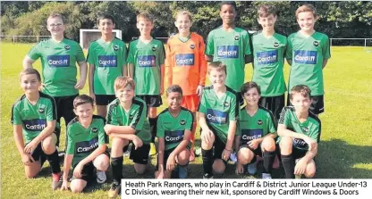  ??  ?? Heath Park Rangers, who play in Cardiff & District Junior League Under-13 C Division, wearing their new kit, sponsored by Cardiff Windows & Doors