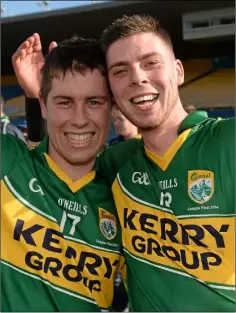  ??  ?? St. Anne’s newcomer Brendan Brosnan (left) celebratin­g with Shane Nolan after helping his native Kerry to the Allianz Hurling League Division 2A title at Carlow’s expense in 2014.