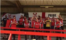  ?? ?? Kiddermins­ter Harriers supporters' club from Ålesund in Norway watch their adopted team play at home at the Aggborough Stadium.